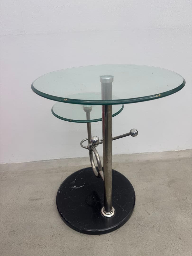 サイドテーブル ガラス ラウンド 丸 2段 ミッドセンチュリー ポストモダン