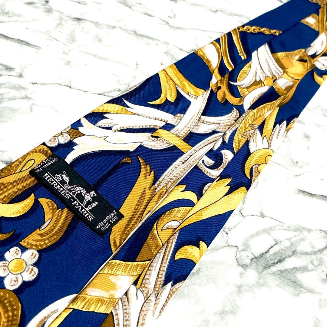 ✨極美品✨エルメス　スカーフ柄① ネイビー　ゴールド　ネクタイ