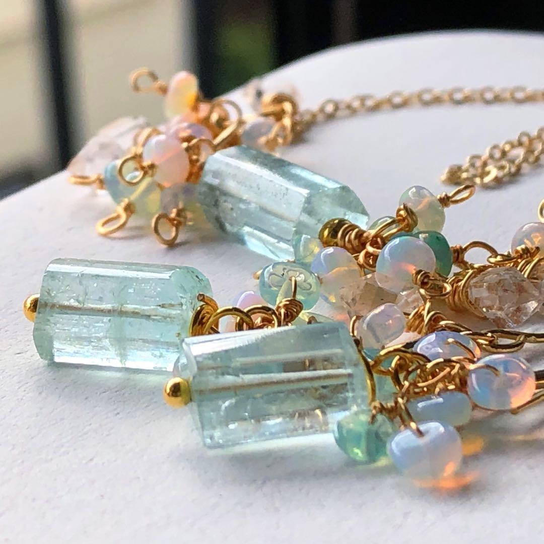 天然石☆極上大粒ミントエメラルド×極上ダイヤモンドクォーツのピアス14kgf