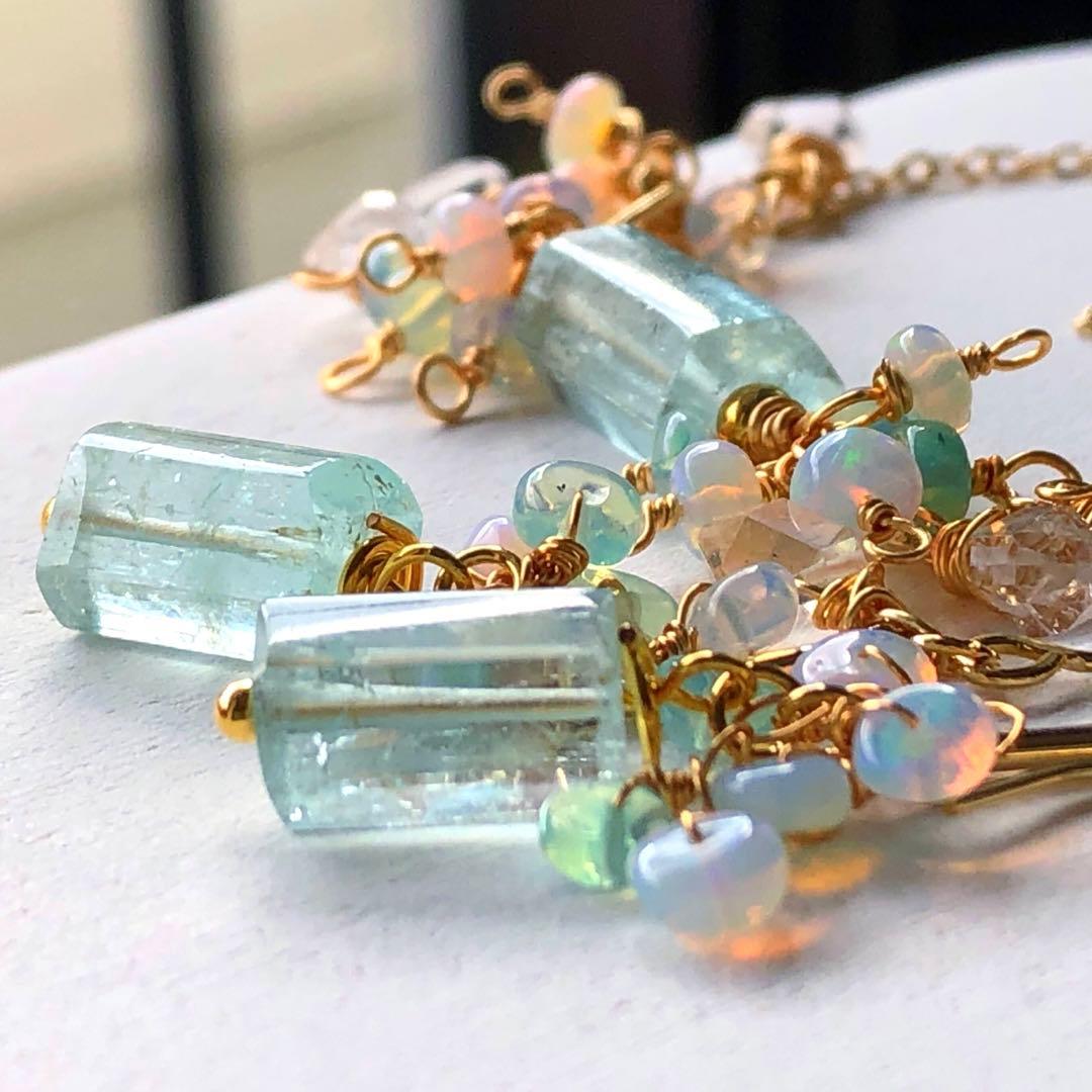 天然石☆極上大粒ミントエメラルド×極上ダイヤモンドクォーツのピアス14kgf