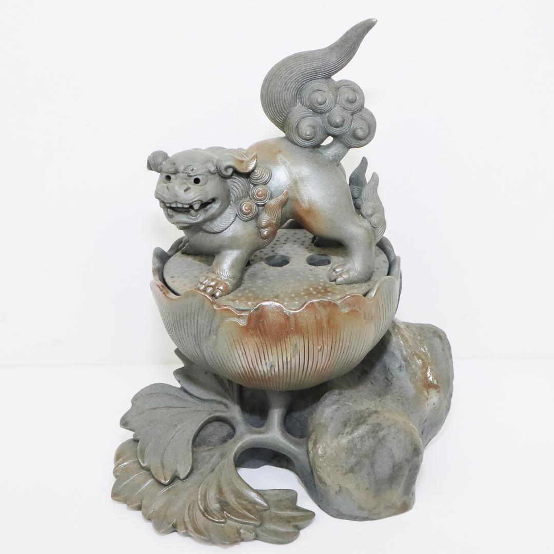 青備前 獅子牡丹香炉 備前焼三名工 西村春湖 作 伊部 備前