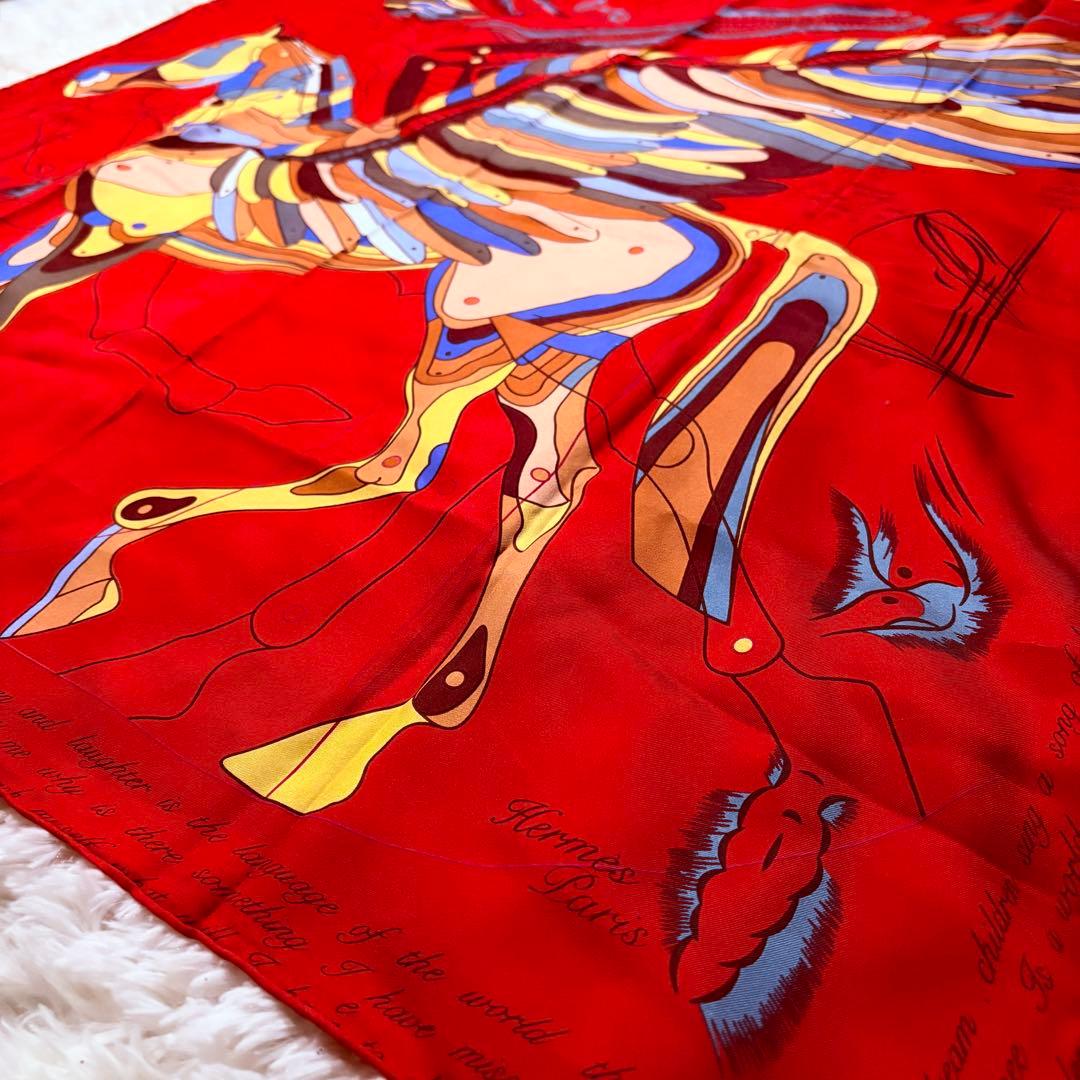 美品★エルメス カレ90 レッド マルチカラー シルク スカーフ ペガサス