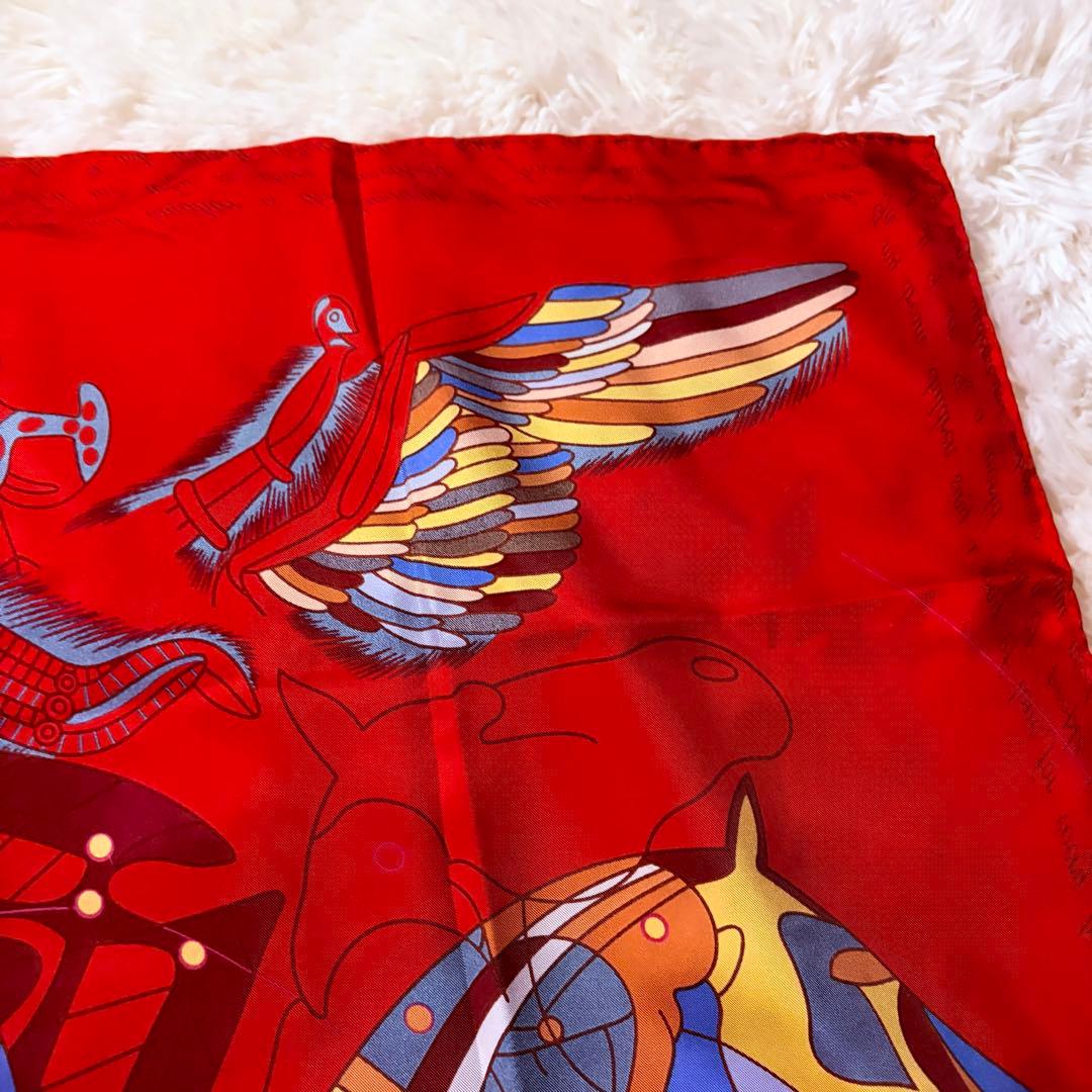 美品★エルメス カレ90 レッド マルチカラー シルク スカーフ ペガサス