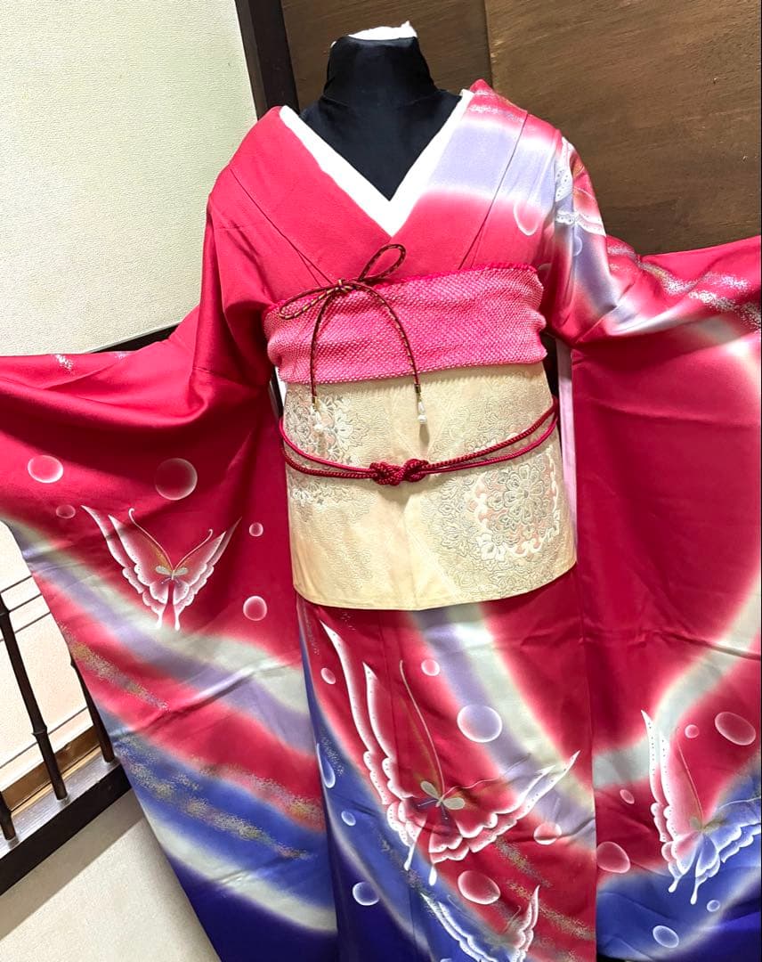 振袖フルセット6点サイズM〜Ｌ舞蝶文　暈し染め　金銀彩　正絹