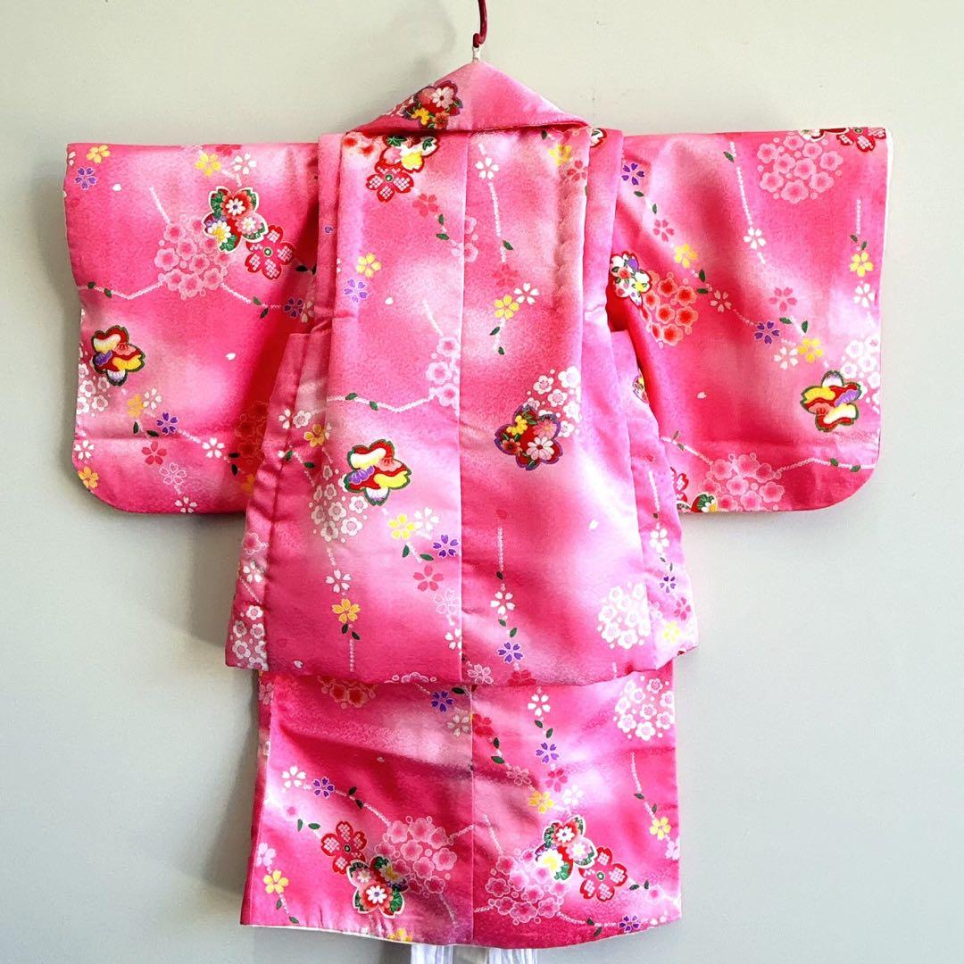 フルセット　七五三　3歳女の子　被布＆きもの＆長襦袢＆小物　ピンク　桜　梅