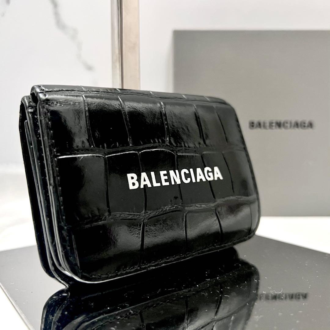 ◇レア美品◇バレンシアガ　エブリデイ　三つ折り財布　クロコ型押し　ブラック