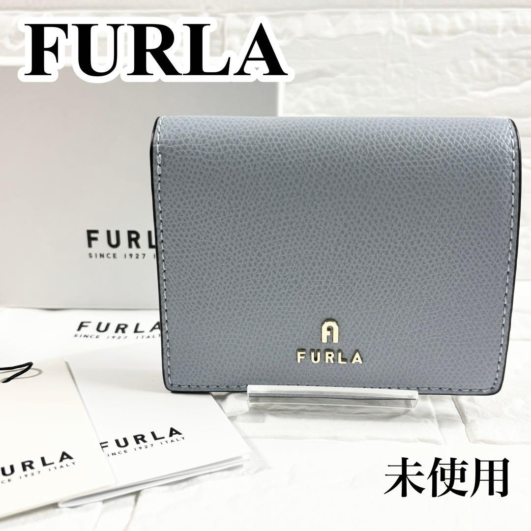 【未使用】FURLA　２つ折り財布　カメリア　ブルー　ベージュピンク　コンパクト