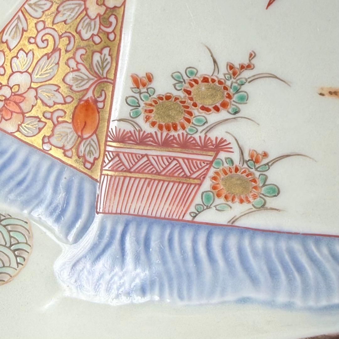 幕末〜明治期　古伊万里　色絵丸文様陽刻四方角皿　五枚　裏赤絵七宝文様　器を楽しむ