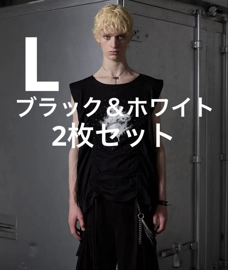 grancy シャーリングデザインラインストーングラフィックノースリーブT L