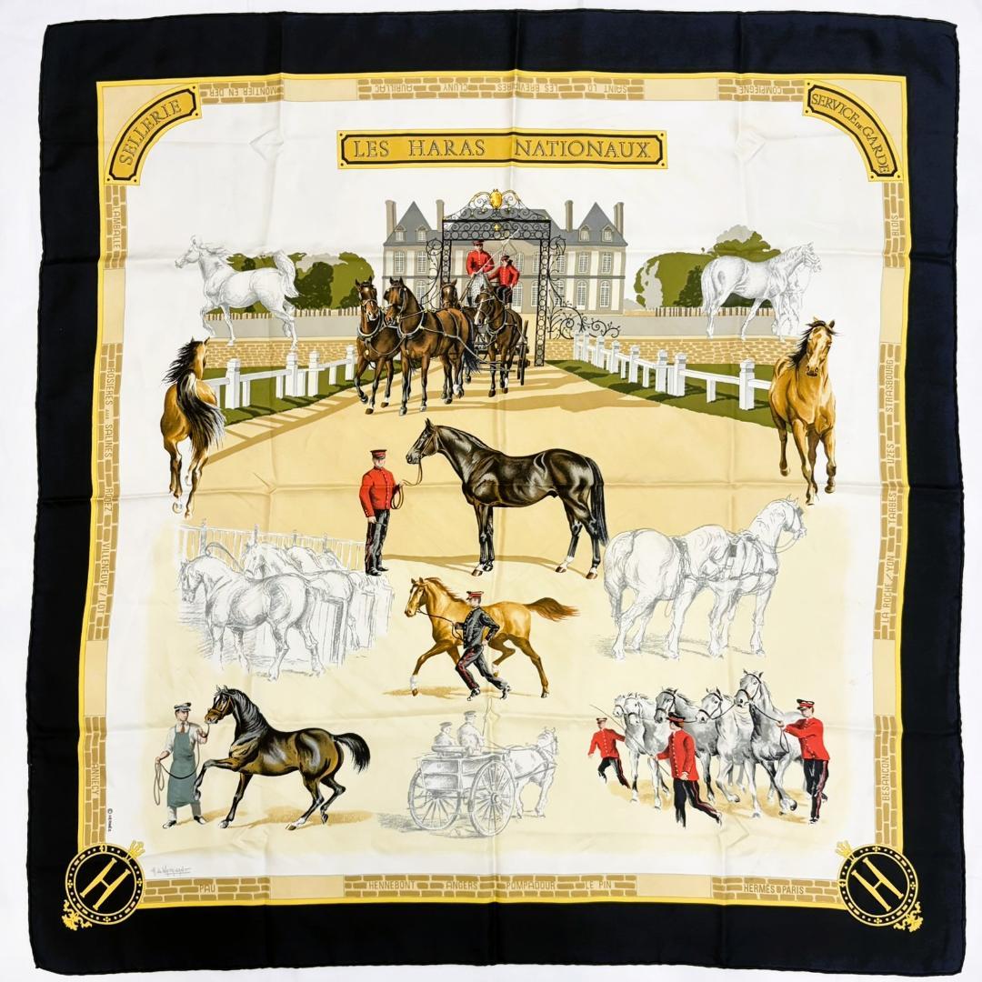 HERMES エルメス カレ90 国立種馬飼育場 スカーフ タグあり ブラック系