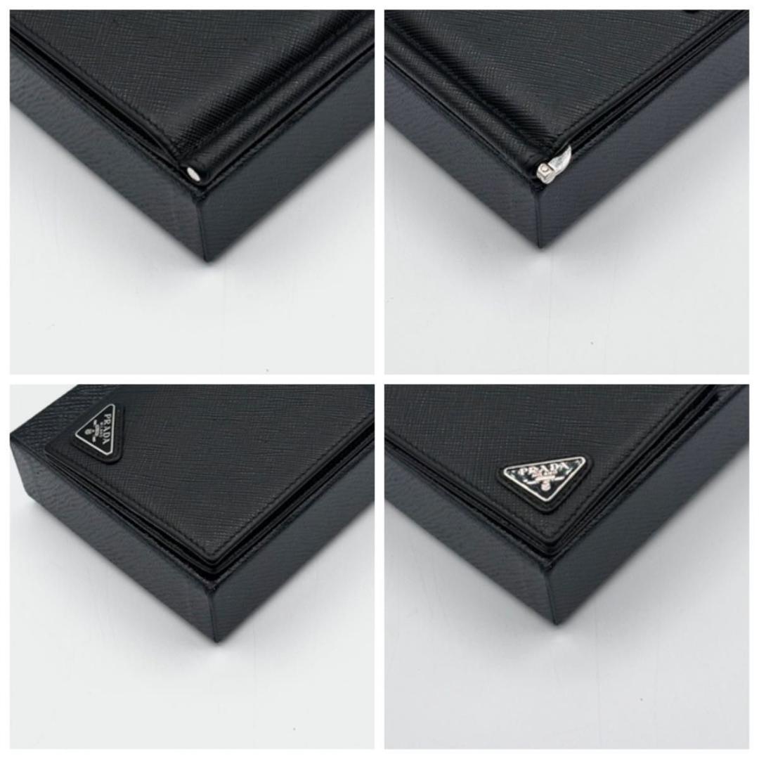 新品に近い プラダ 現行 マネークリップ サフィアーノ 三角プレート 黒