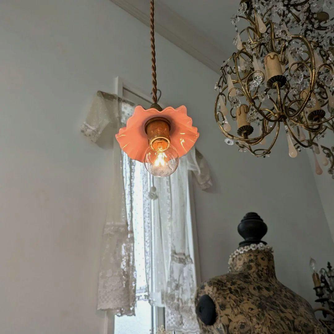 フランスアンティーク　ピンクミルクガラス　ミニシェードE/シャンデリアランプ