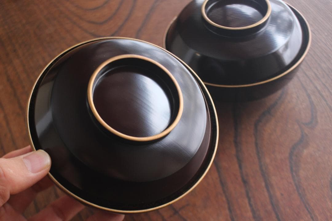 デッドストック！時代金縁黒漆に極上見返し菊詰沈金の映えるお椀2点（検輪島塗沈金椀