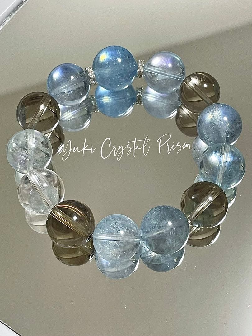 高品質アクアマリン×スモーキークォーツ×クリアクォーツ 天然石ブレスレット