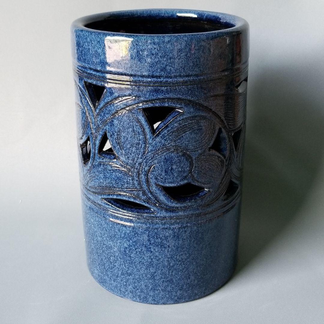 信楽焼傘立て  台形型青 高さ４０cm