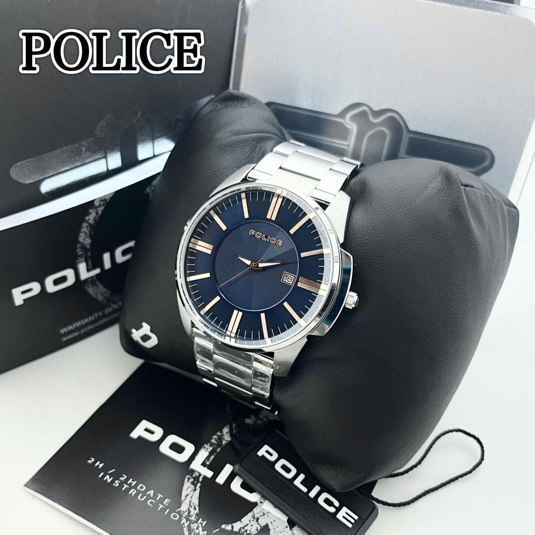 【美品】 稼働 POLICE 14384J ネイビー文字盤 デイト 腕時計