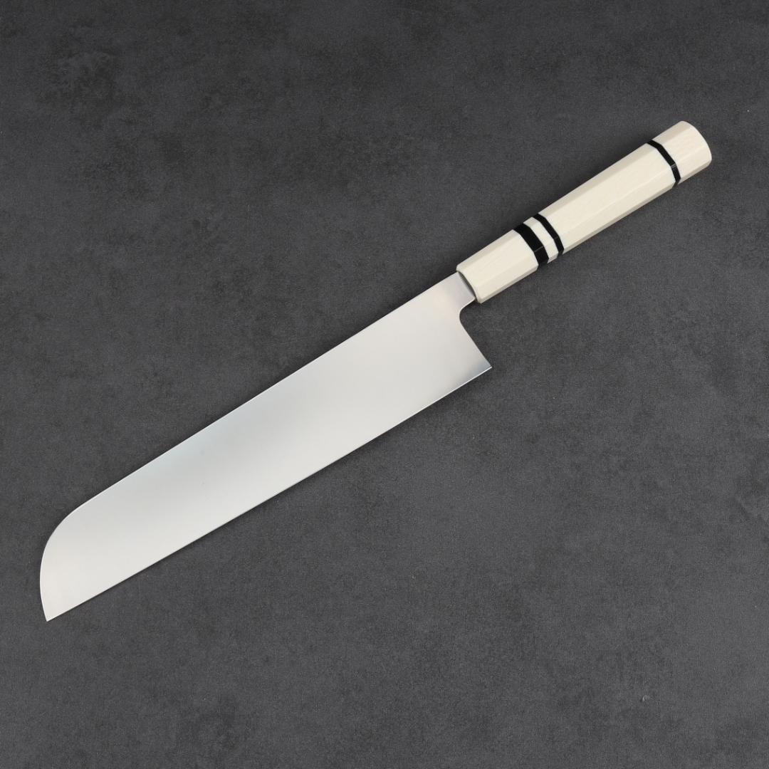 7019 鎌型薄刃包丁 8寸 刃渡り240mm 刺身包丁 人工象牙黒三本巻八角柄