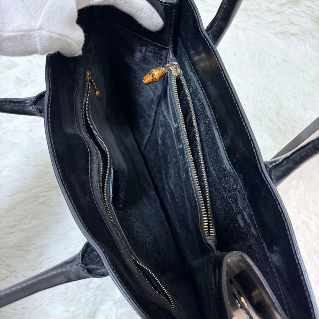 GUCCI トートバッグ レザー ブラック エナメル ゴールド金具 大容量 底鋲