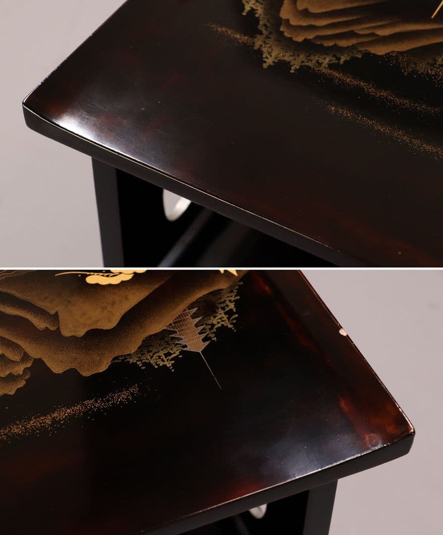 輪島塗 蒔絵師 久世宗春 山水金蒔絵 冠卓 二段卓 花台 黒塗【MA189】