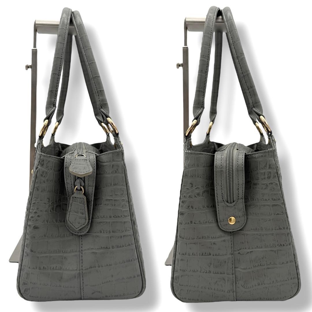 ハマノ ミニボストンバッグ コッコビアン クロコ型押しレザー グレー
