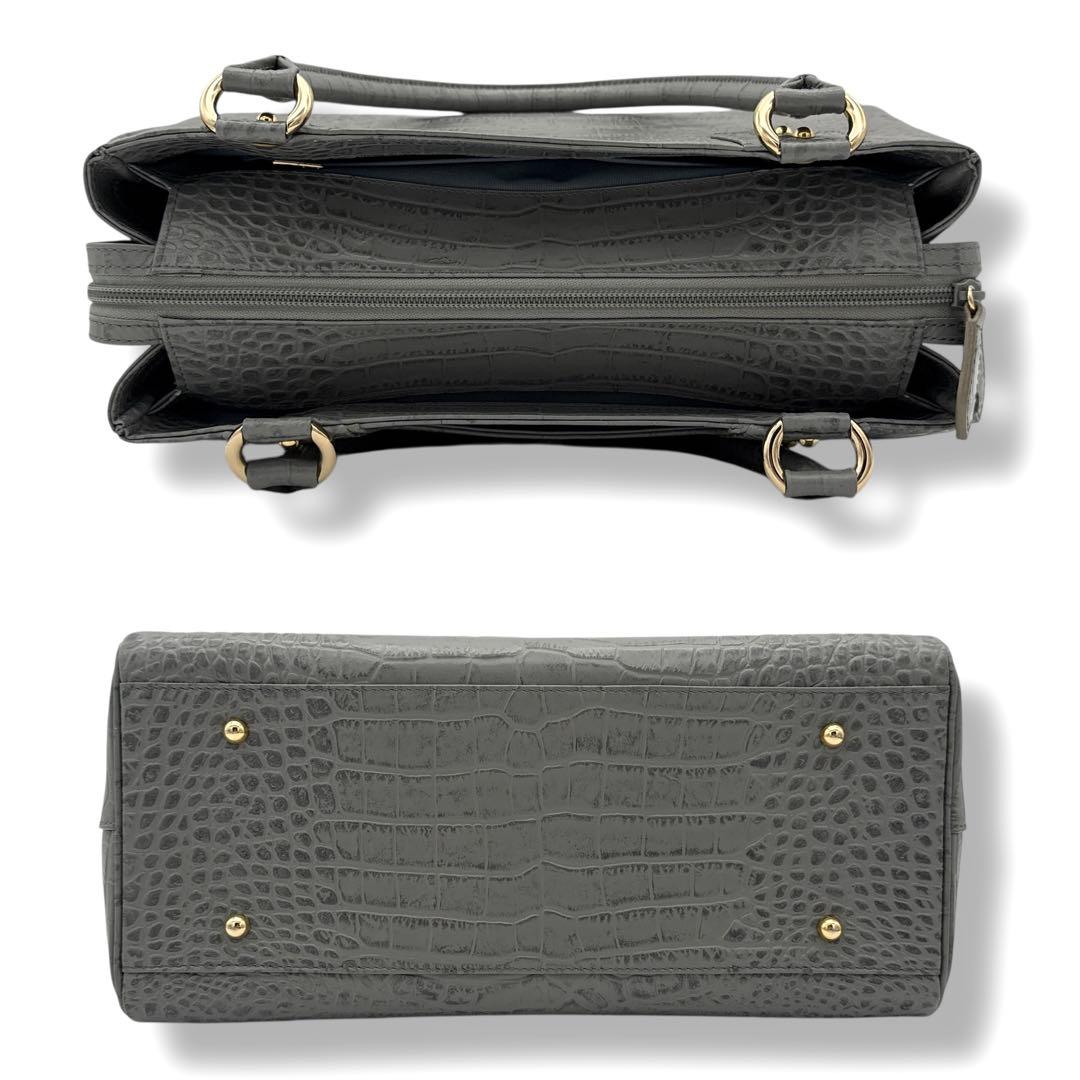 ハマノ ミニボストンバッグ コッコビアン クロコ型押しレザー グレー