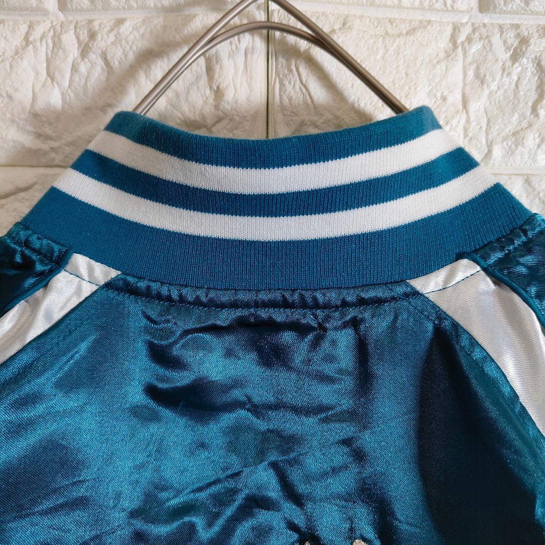 一心如鏡 スカジャン 風神雷神 刺繍 桜 月 和柄 サテン ブルーグリーン L