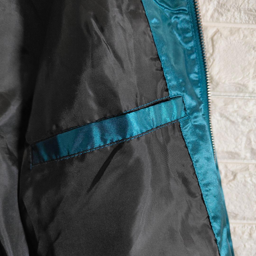 一心如鏡 スカジャン 風神雷神 刺繍 桜 月 和柄 サテン ブルーグリーン L