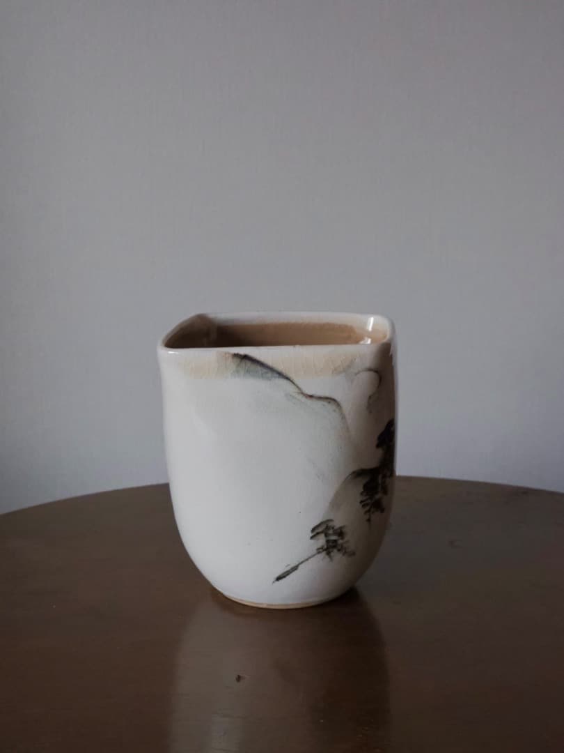 阿漕窯　水墨色絵　水指　陶磁工芸　箱付　資料付　茶道具Q2344