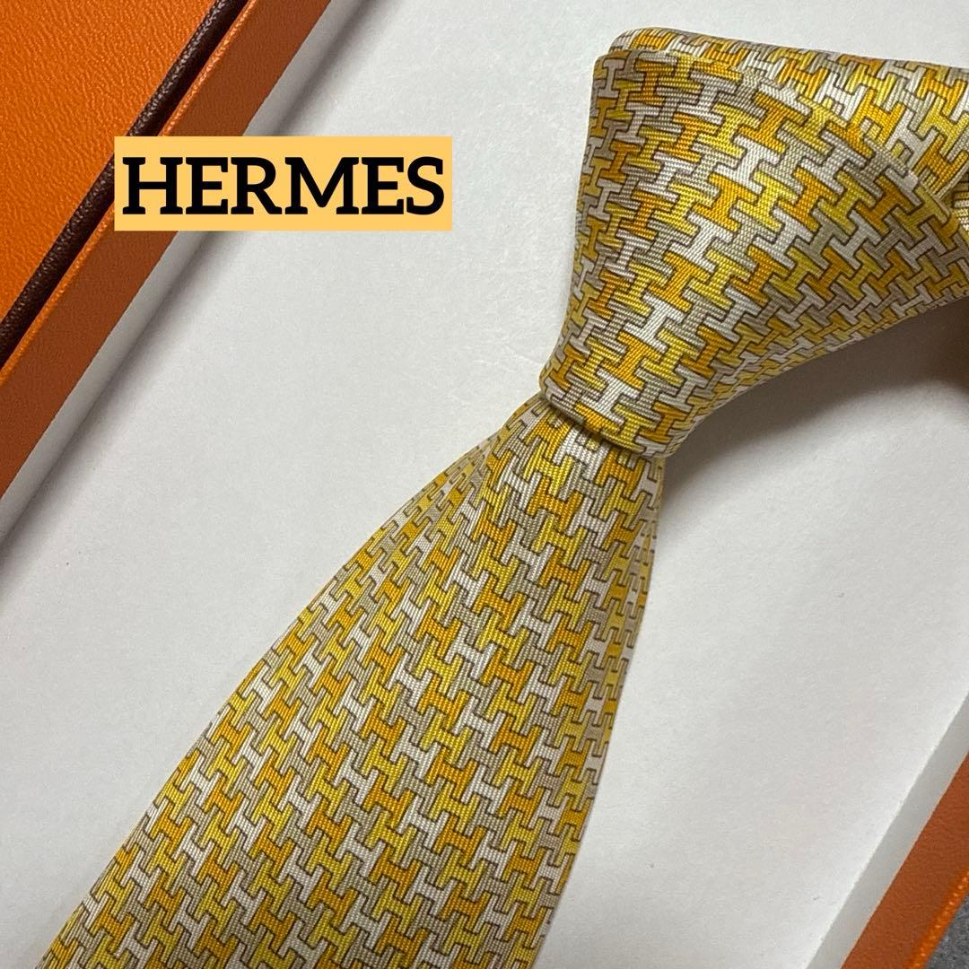 美品　エルメス　ネクタイ　黄色オレンジ　H柄　ファソネ　派手　結婚式