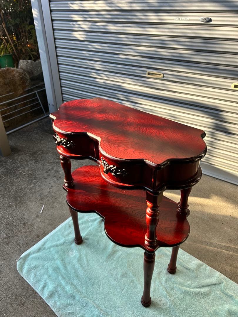 アンティーク　木製ダークレッドサイドテーブル 2段