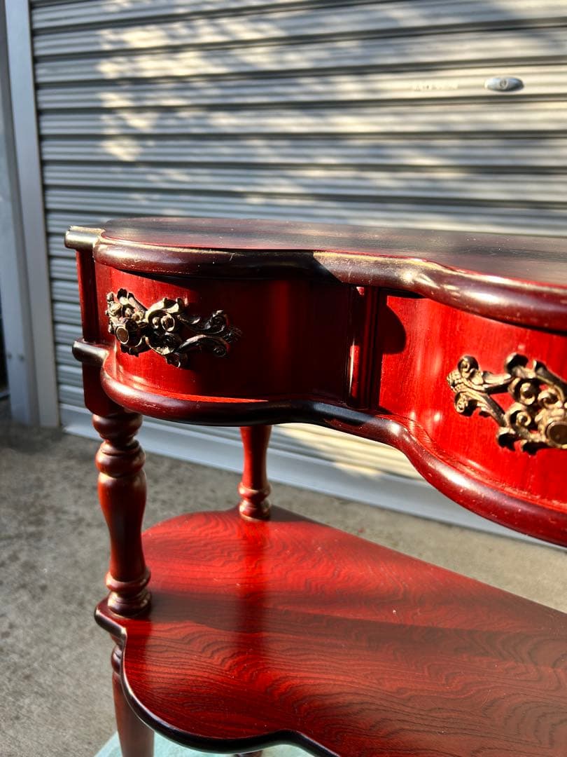 アンティーク　木製ダークレッドサイドテーブル 2段