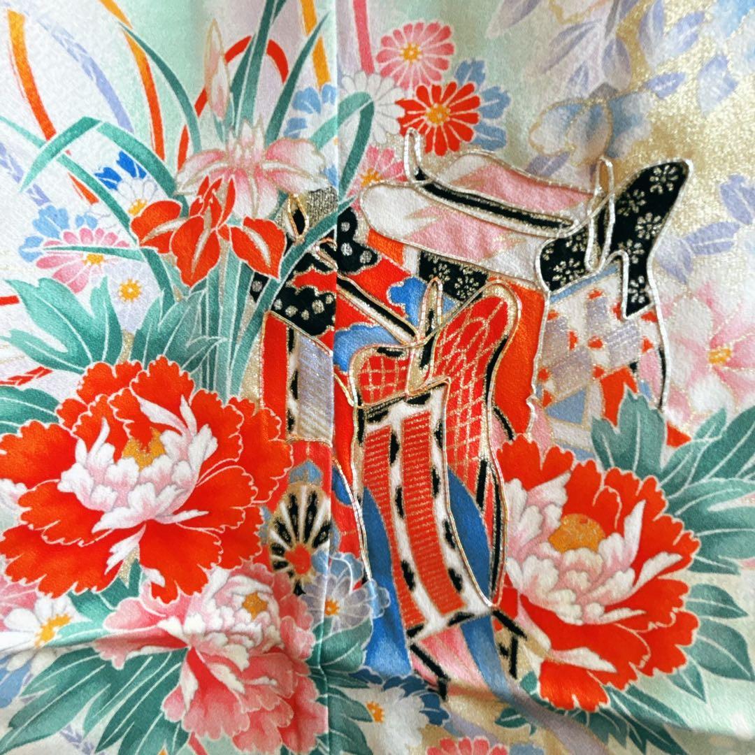 フルセット　七五三７歳女の子　絹　着物＆帯＆長襦袢＆小物　オレンジ　着用形跡無