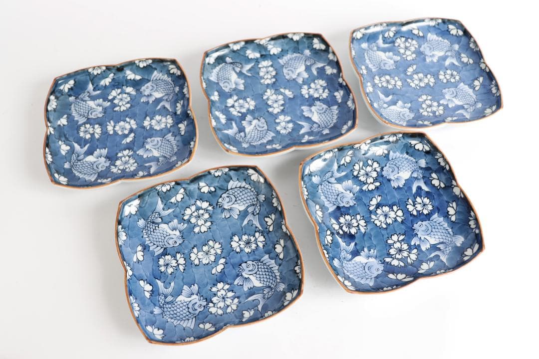 館林源右衛門 染付 魚花絵 五枚