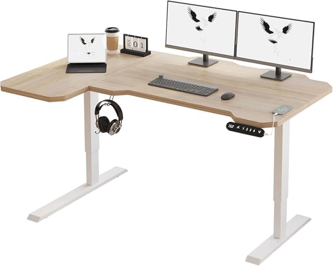 ⭐️電動昇降デスク￼ナチュラルウッドL字型パソコンデスク 幅150×奥行101