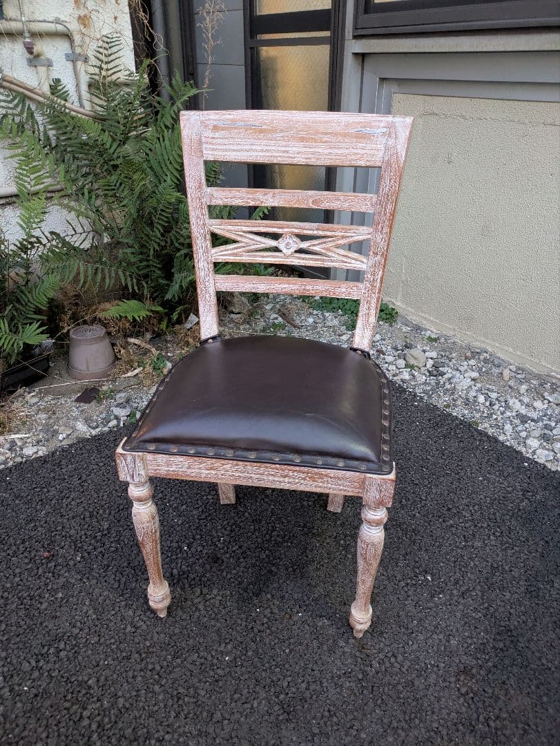 フランスアンティーク調 本革シャビーシック デスクチェア チーク材