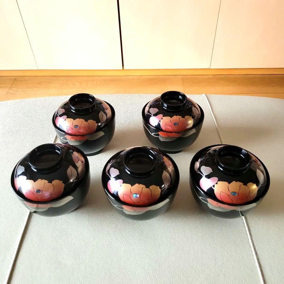 【希少】会津塗　照井久良人の山茶花時絵 汁椀 5客　伝統工芸品