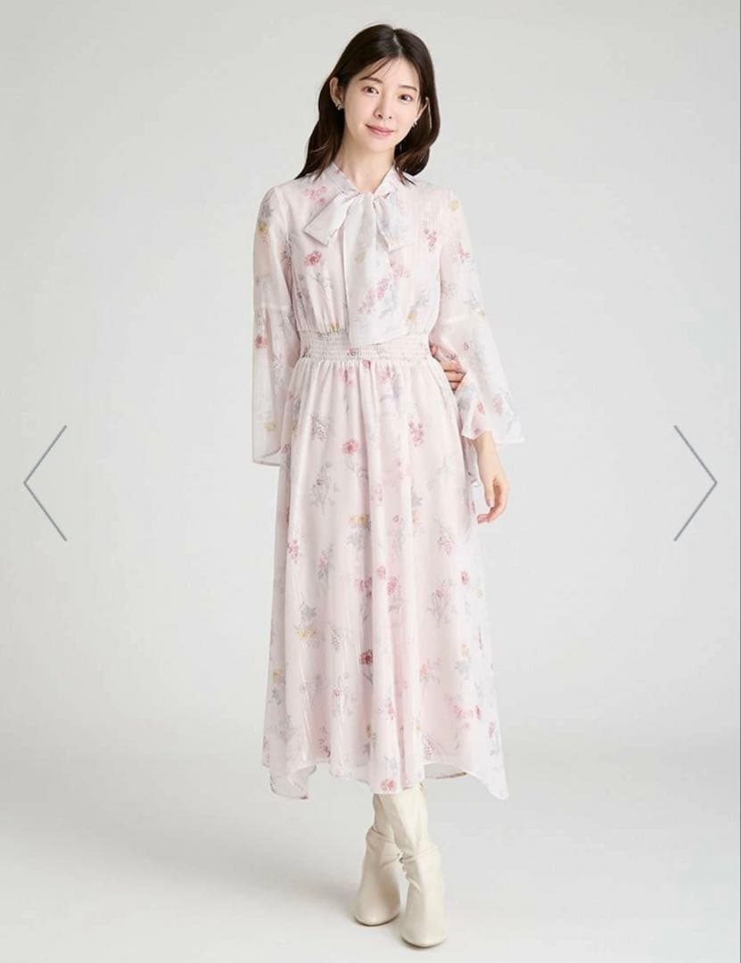 【ピンク】フラワープリントボウタイワンピース