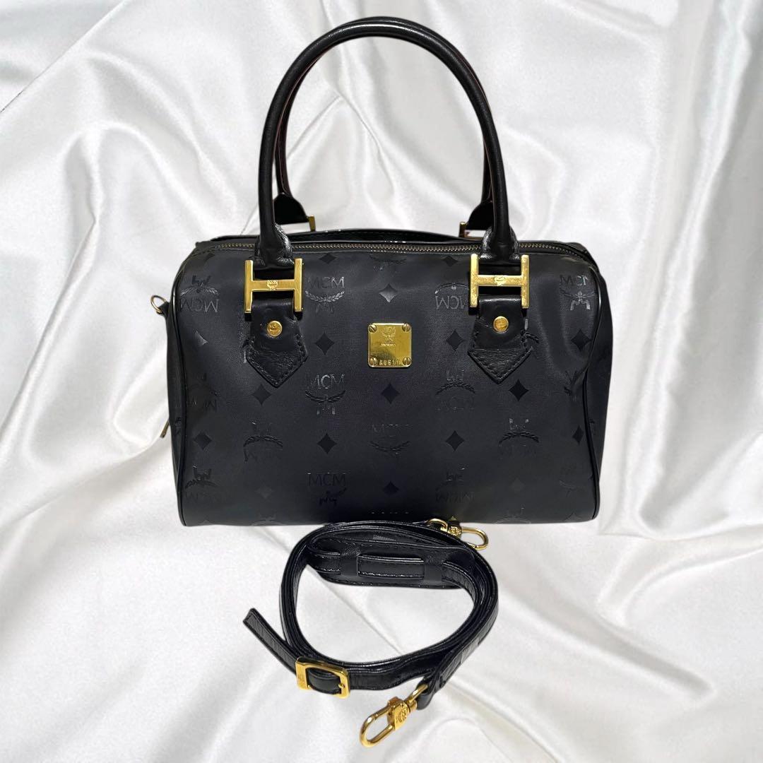 【MCM】美品エムシーエム 2way ミニボストン モノグラム ブラック