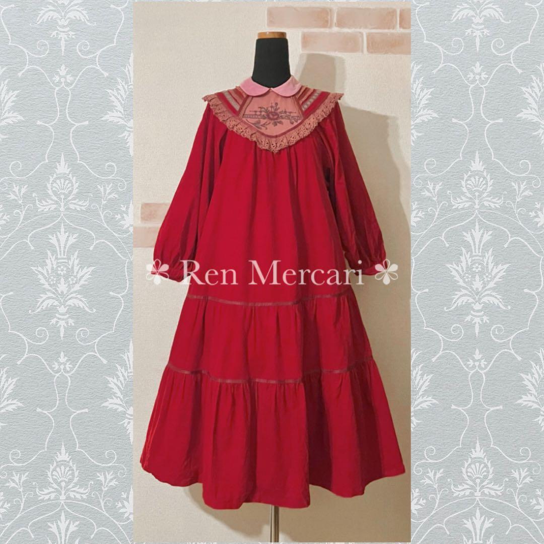 ストロベリーレッド コーデュロイ お花刺繍のチュールヨークワンピース