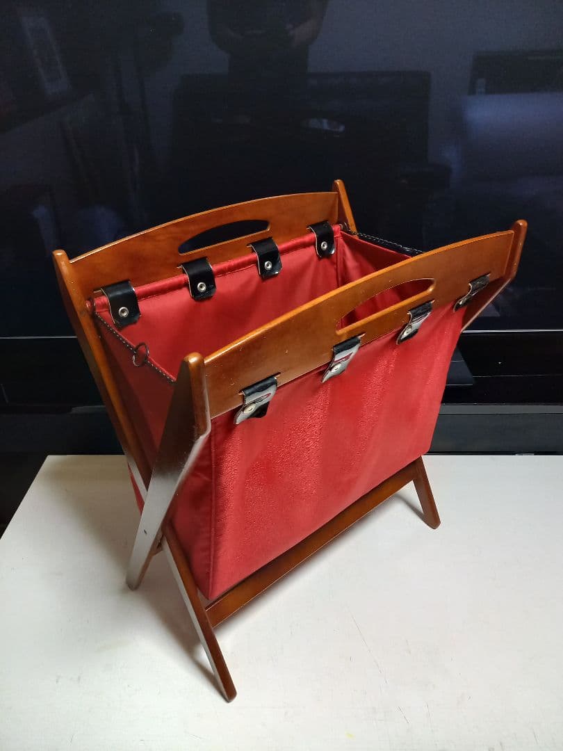 1970's　カリモク　ウッド　レッド　ファブリック　モダン　バスケット