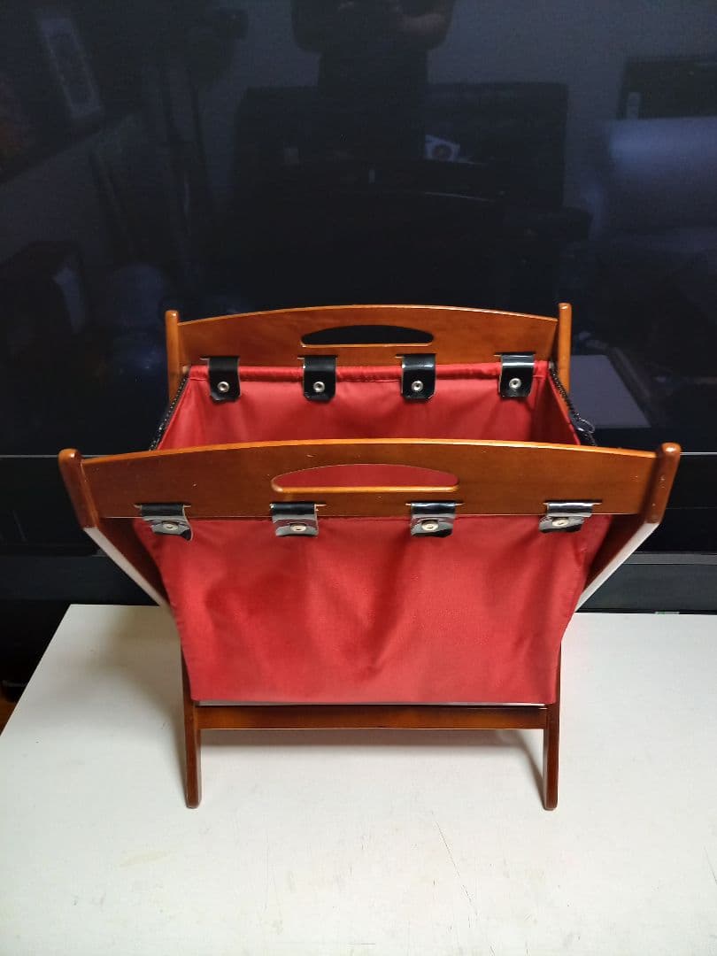 1970's　カリモク　ウッド　レッド　ファブリック　モダン　バスケット