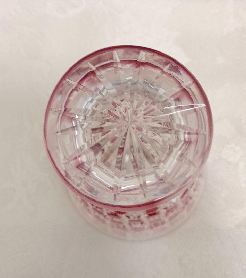 ほぼ未使用 薩摩切子 紅被硝子 籠目 高杯 江戸びいどろ ペアグラス 木箱付き