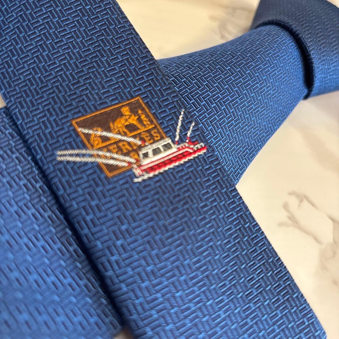 HERMES ネクタイ　ネイビー　紺　ブルー　青　ファソネ　H 総柄　刺繍