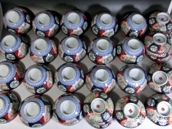 蓋茶碗■赤絵色絵 古伊万里 窓松竹梅 18客 蓋物 蓋碗 窓唐草図 時代物 骨董