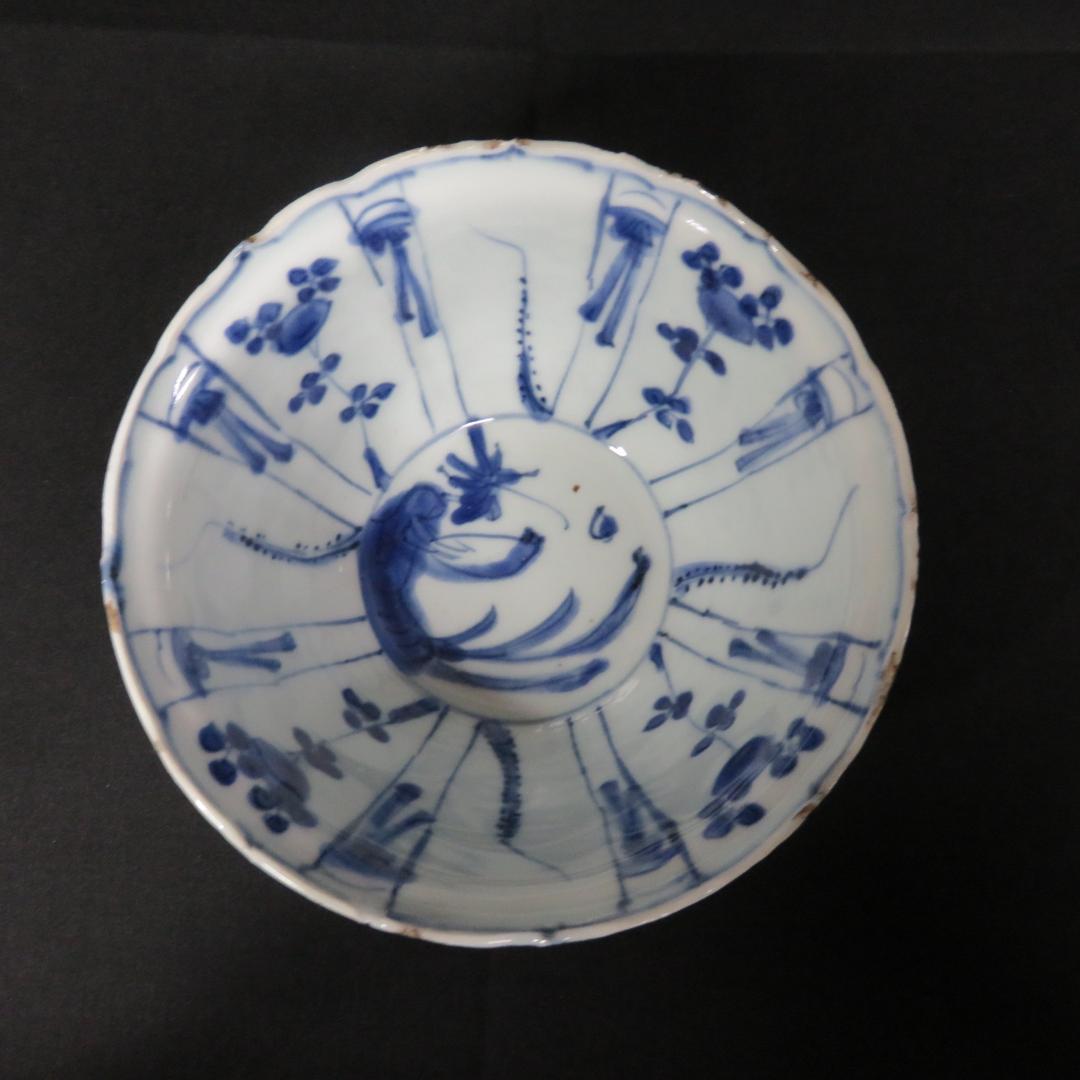 小鉢 古染付 明末清初期 染付 鳥の図 芙蓉手 中国骨董 希少 B