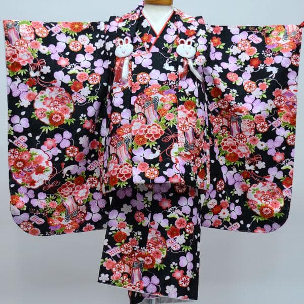 七五三 三歳 女児 被布着物フルセット 黒 うさぎ お仕立て無料 NO24225