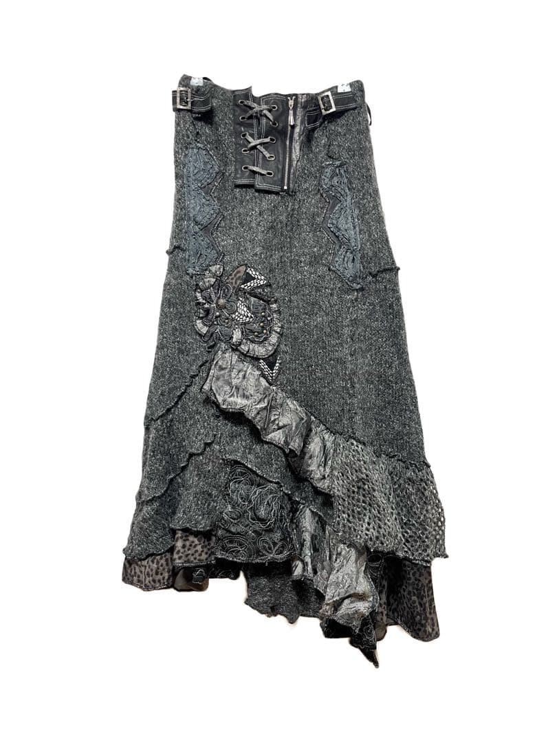 フランス製　ニットスカート　y2k 平成ギャル グレー　レザーパッチワーク