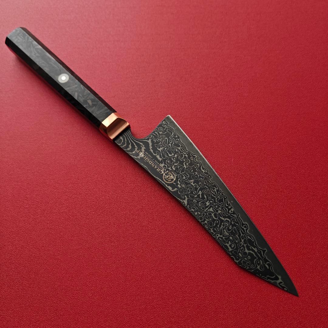 新品　切り付け牛刀 14cm　VG10黒染めダマスカス　カーボン八角柄