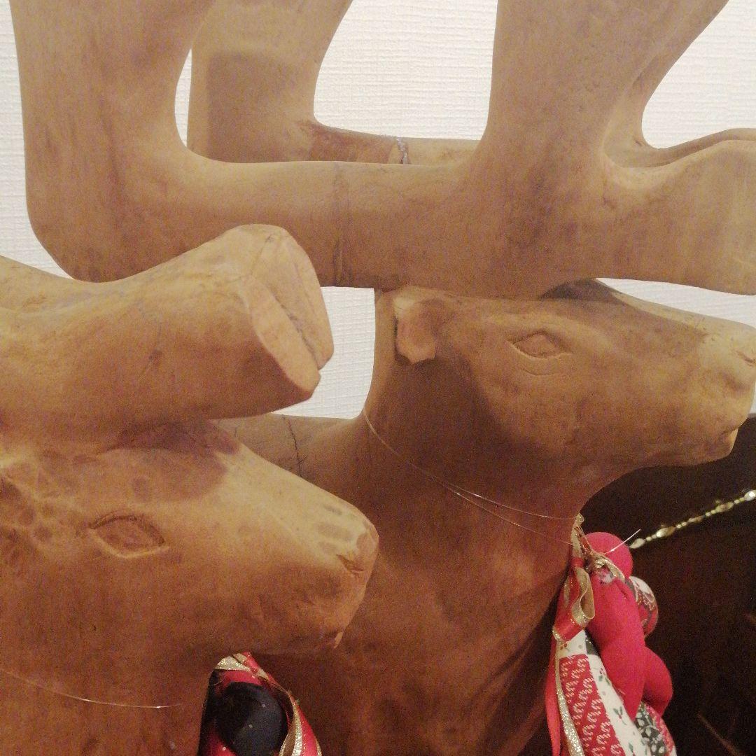 木製ペアトナカイ　木彫りつがいトナカイ