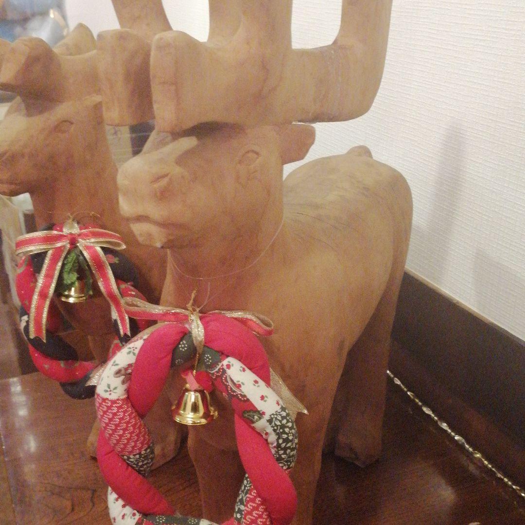 木製ペアトナカイ　木彫りつがいトナカイ